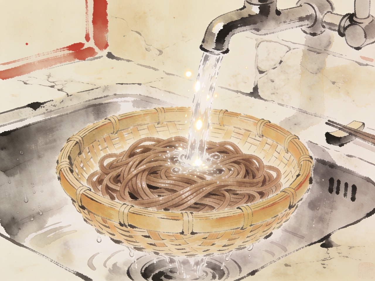 冷水でそばを洗う工程